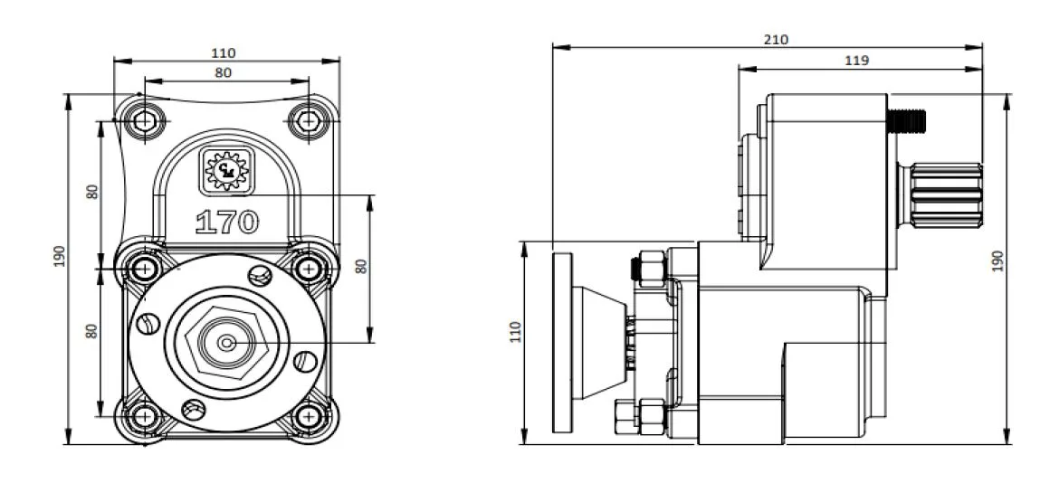 CTM 170 D1 PTO teknik çizimi — kesit, ölçü ve montaj şeması