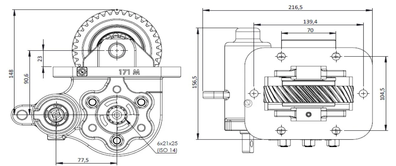 CTM 171 BE PTO teknik çizimi — kesit, ölçü ve montaj şeması