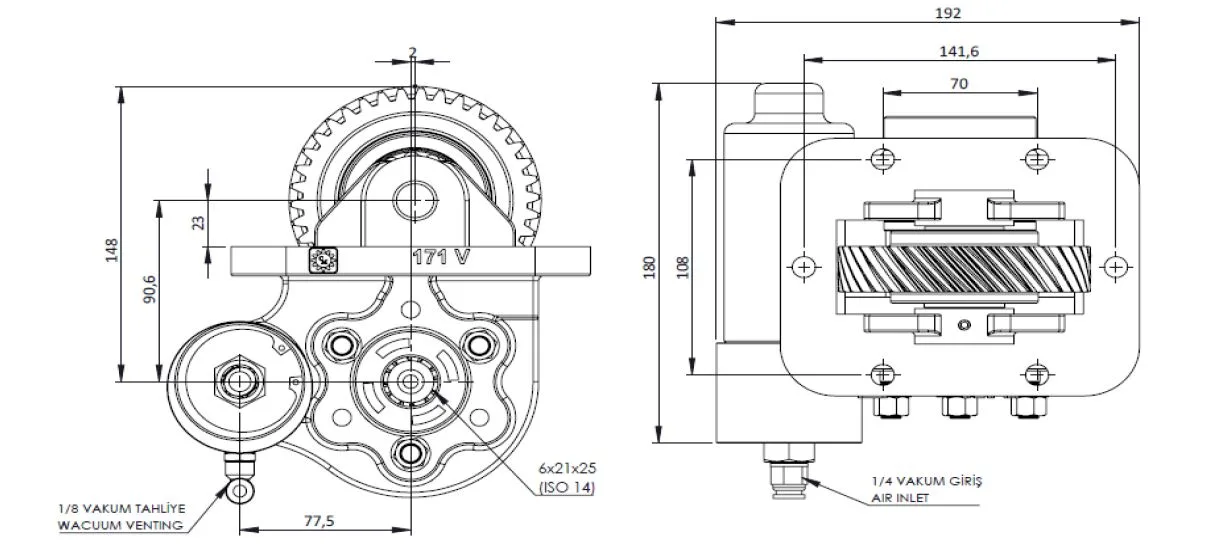CTM 171 BE KV PTO teknik çizimi — kesit, ölçü ve montaj şeması