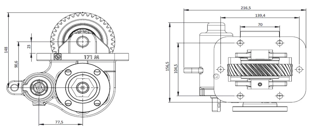 CTM 171 BD PTO teknik çizimi — kesit, ölçü ve montaj şeması