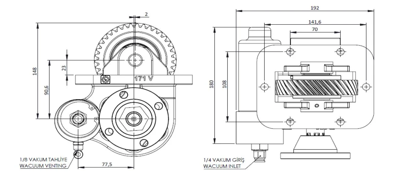 CTM 171 BD KV PTO teknik çizimi — kesit, ölçü ve montaj şeması