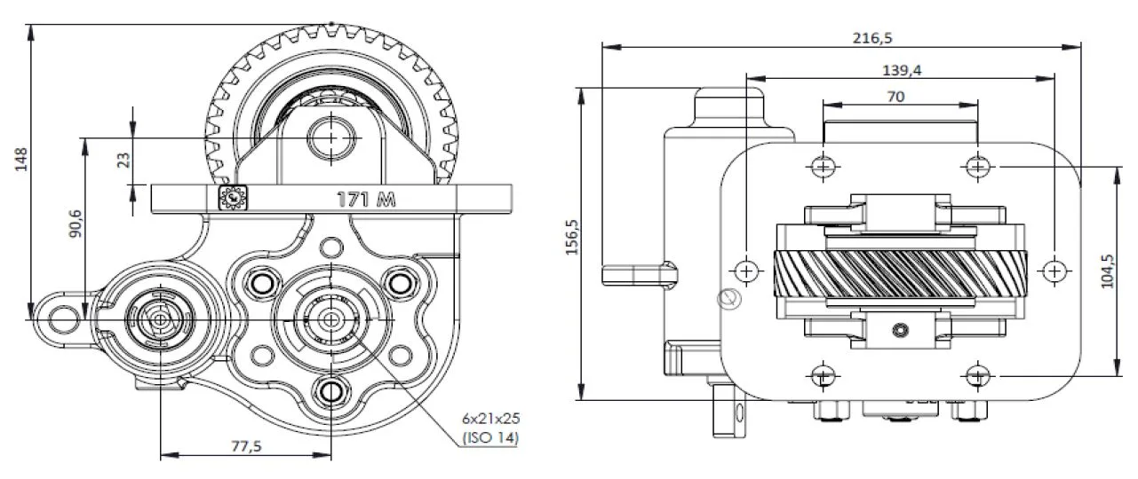 CTM 171 BC2 PTO teknik çizimi — kesit, ölçü ve montaj şeması