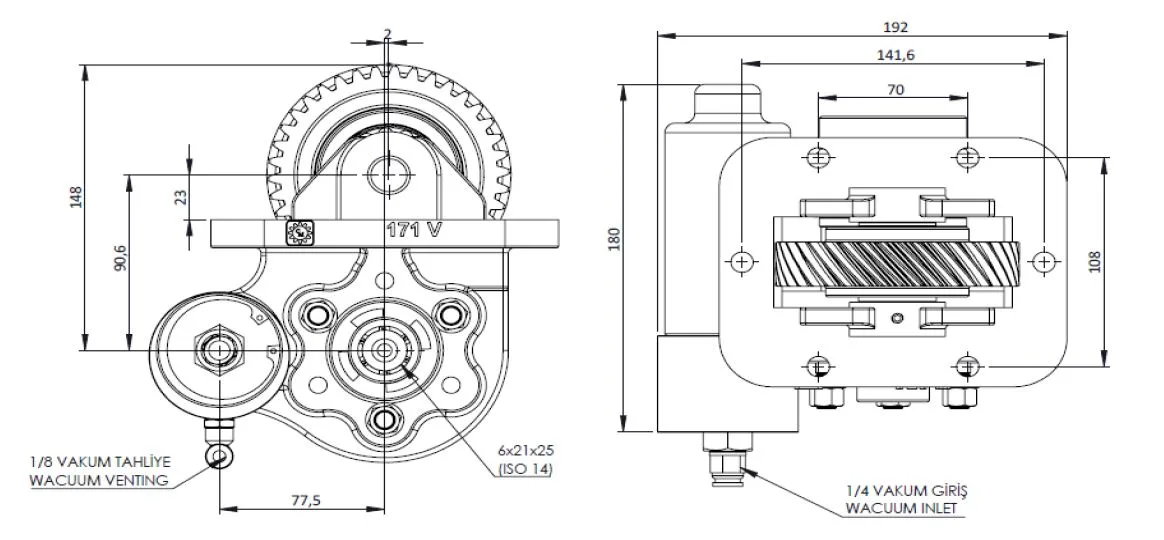 CTM 171 BC2 KV PTO teknik çizimi — kesit, ölçü ve montaj şeması