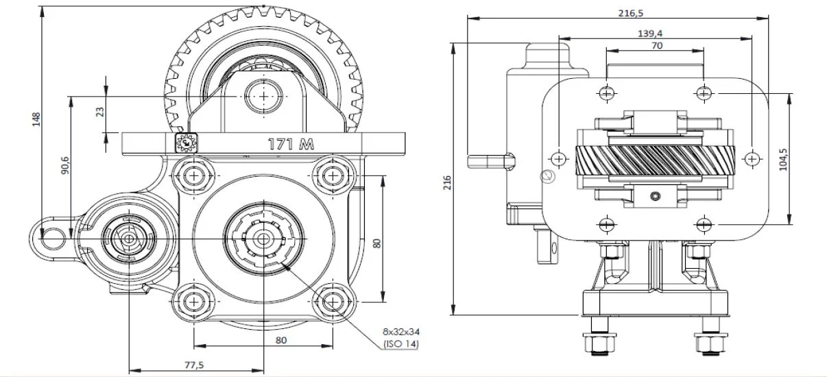 CTM 171 BC1 PTO teknik çizimi — kesit, ölçü ve montaj şeması