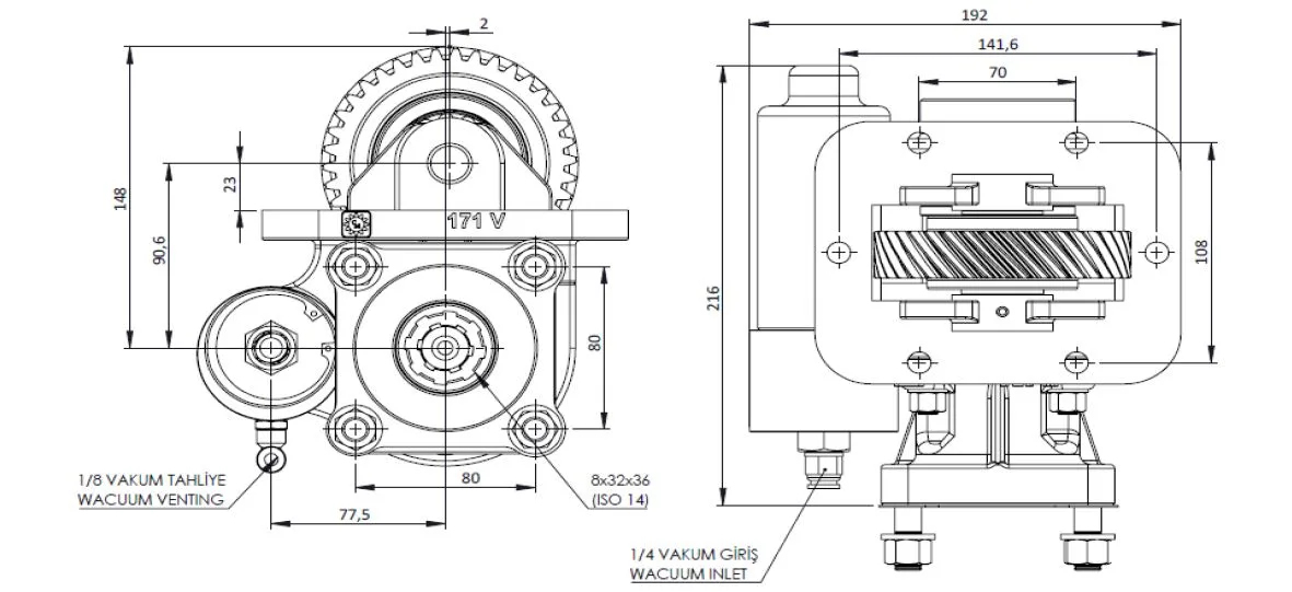 CTM 171 BC1 KV PTO teknik çizimi — kesit, ölçü ve montaj şeması