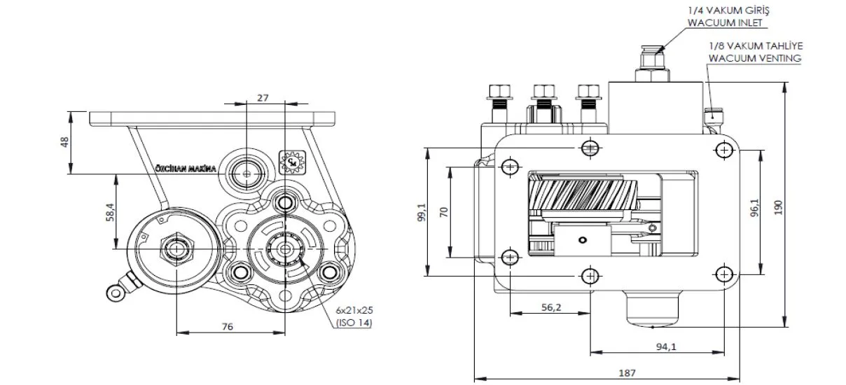 CTM 172 BE KV PTO teknik çizimi — kesit, ölçü ve montaj şeması