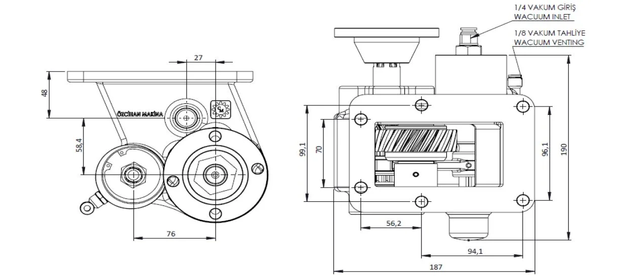 CTM 172 BD KV PTO teknik çizimi — kesit, ölçü ve montaj şeması