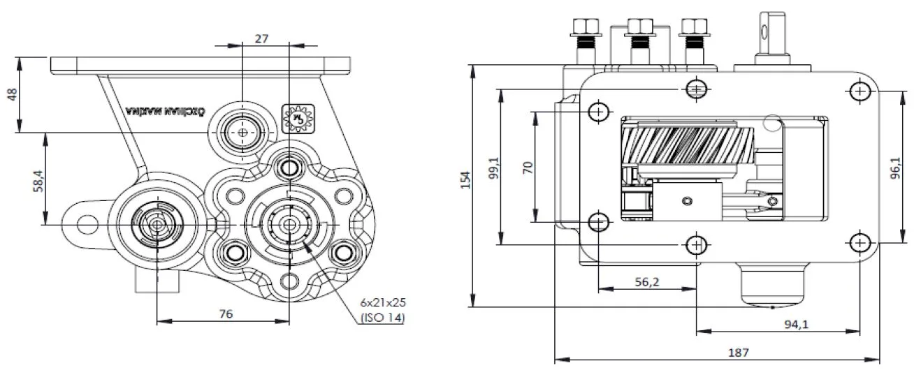 CTM 172 BC2 PTO teknik çizimi — kesit, ölçü ve montaj şeması