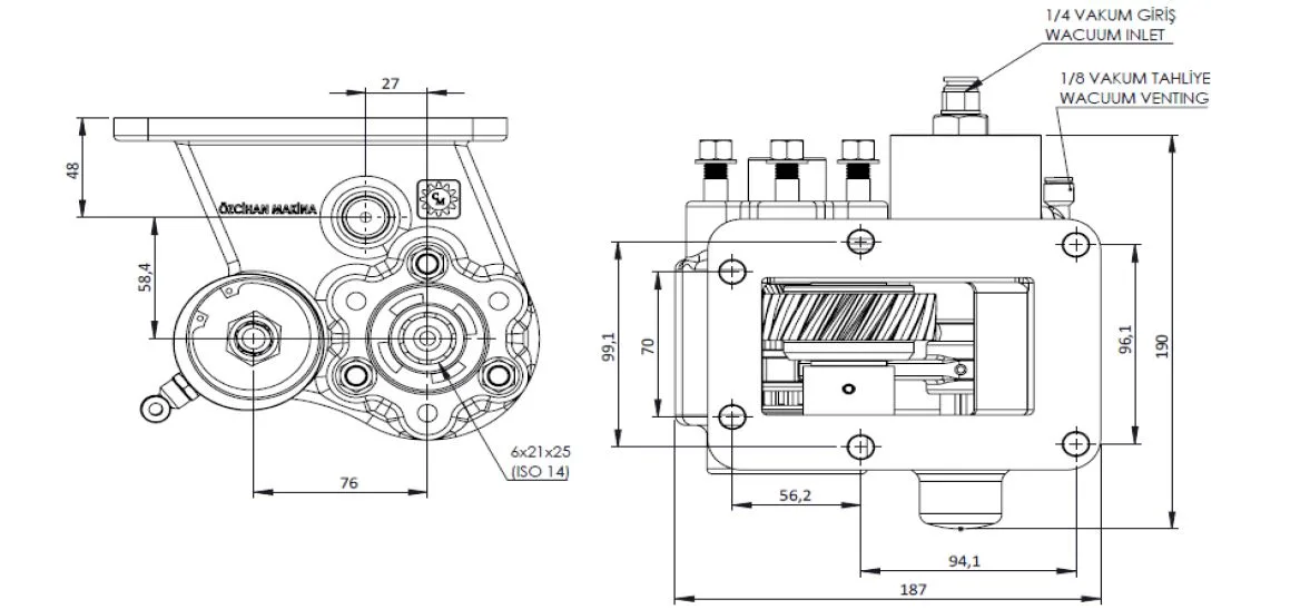 CTM 172 BC2 KV PTO teknik çizimi — kesit, ölçü ve montaj şeması