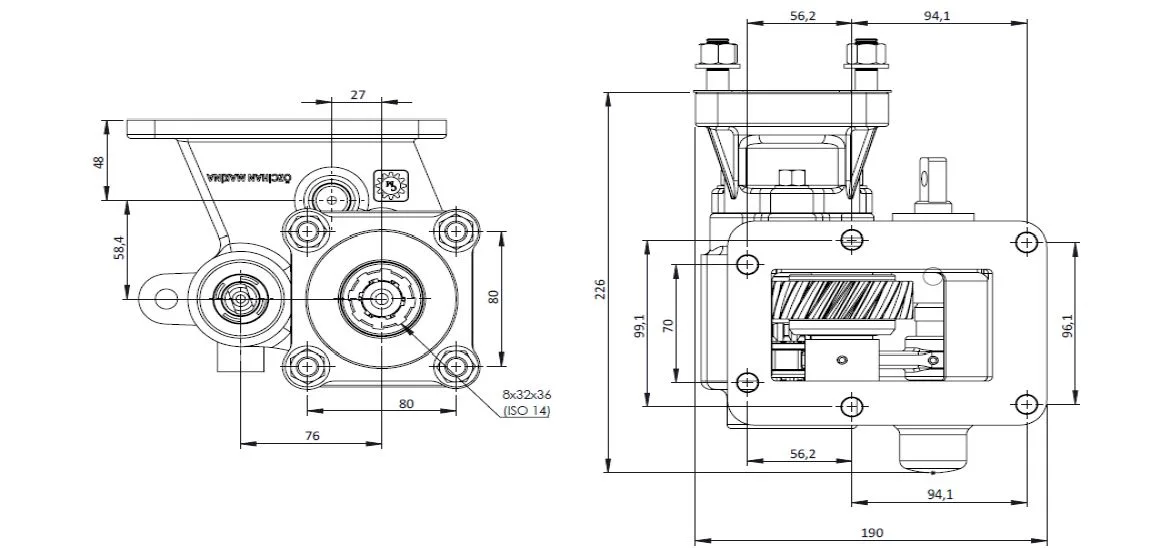 CTM 172 BC1 PTO teknik çizimi — kesit, ölçü ve montaj şeması