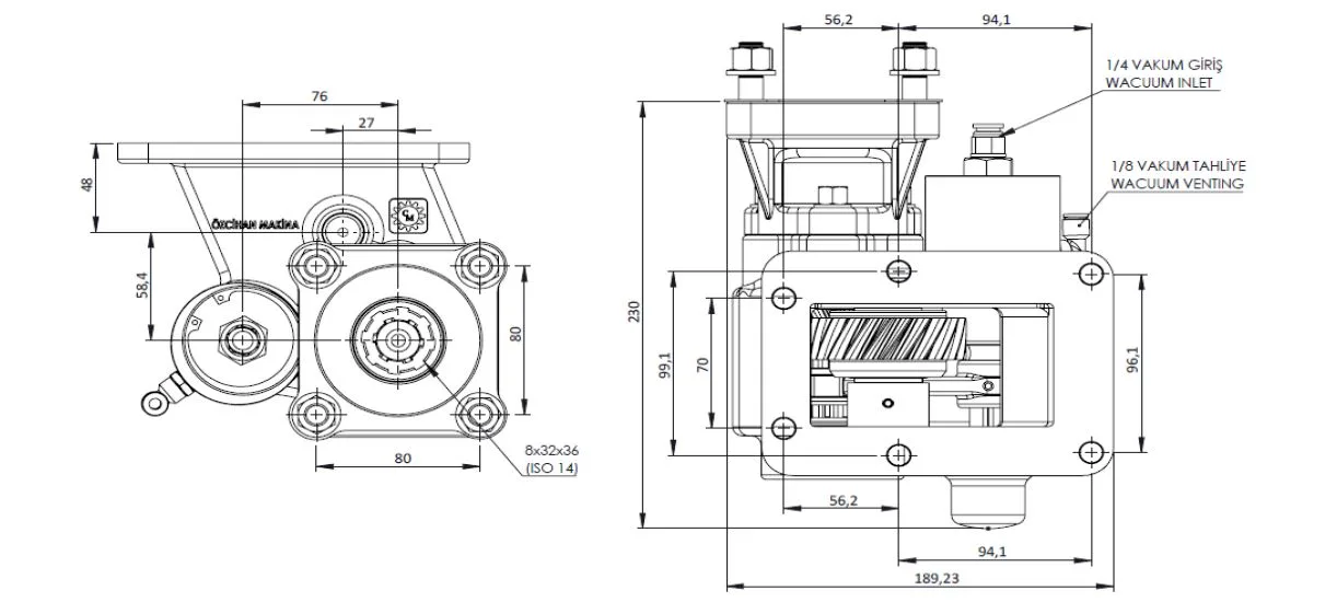 CTM 172 BC1 KV PTO teknik çizimi — kesit, ölçü ve montaj şeması