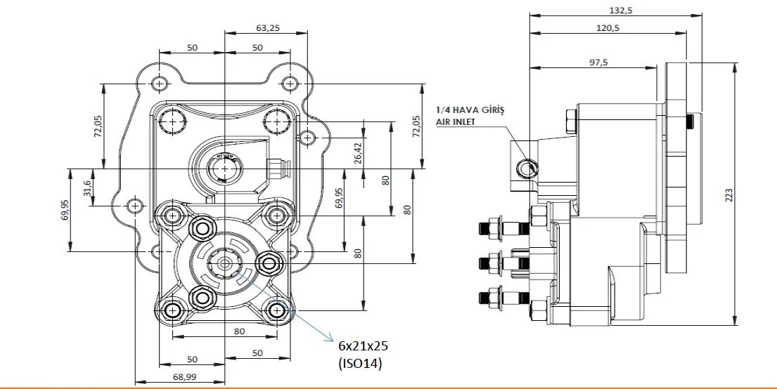 CTM 174 AE PTO teknik çizimi — kesit, ölçü ve montaj şeması