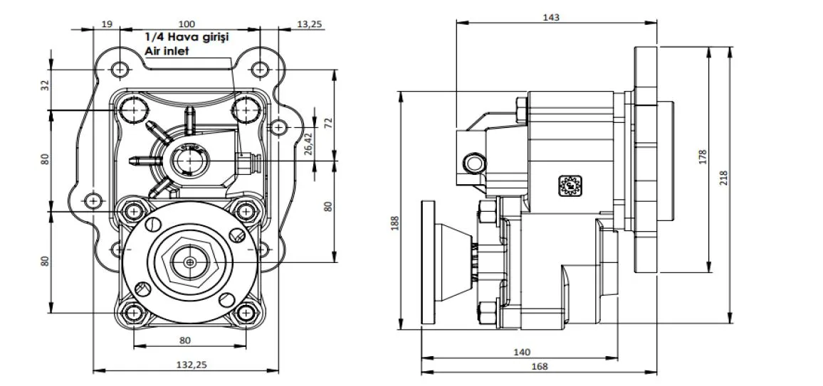 CTM 174 AD1 PTO teknik çizimi — kesit, ölçü ve montaj şeması
