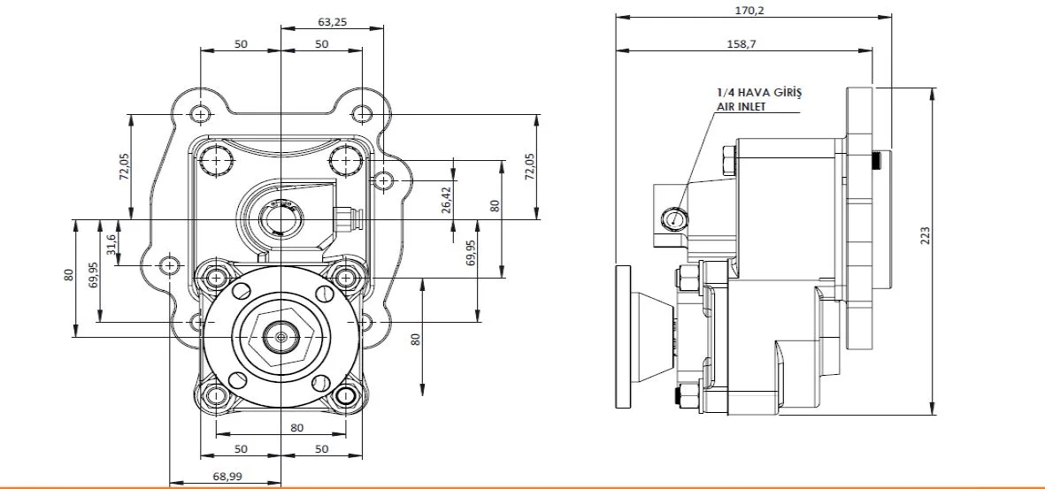 CTM 174 AD PTO teknik çizimi — kesit, ölçü ve montaj şeması