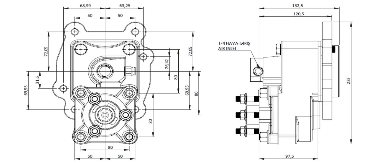 CTM 174 AC2 PTO teknik çizimi — kesit, ölçü ve montaj şeması