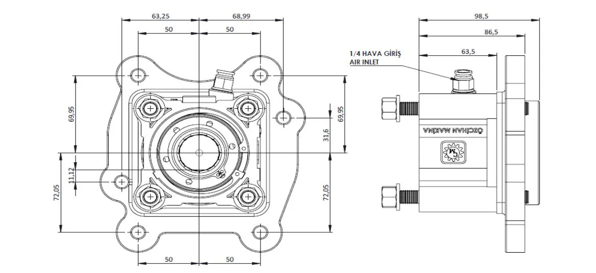 CTM 174 AC1 T PTO teknik çizimi — kesit, ölçü ve montaj şeması
