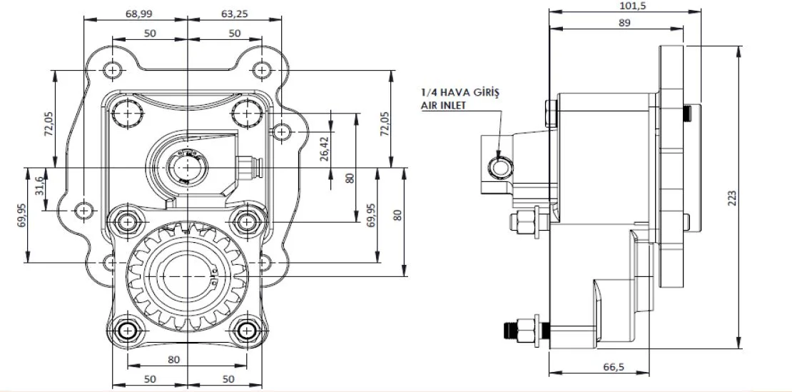 CTM 174 AC1 PTO teknik çizimi — kesit, ölçü ve montaj şeması