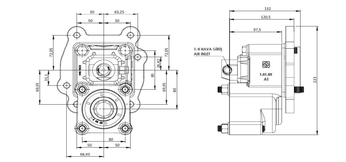 CTM 174 A1 PTO teknik çizimi — kesit, ölçü ve montaj şeması