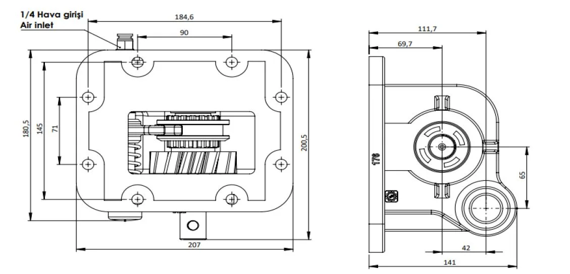 CTM 176 AC PTO teknik çizimi — kesit, ölçü ve montaj şeması