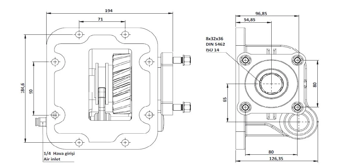CTM 176 A1 PTO teknik çizimi — kesit, ölçü ve montaj şeması