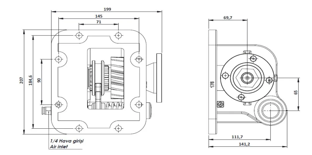 CTM 176 AD PTO teknik çizimi — kesit, ölçü ve montaj şeması