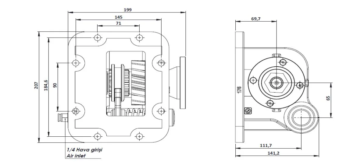 CTM 176 AD1 PTO teknik çizimi — kesit, ölçü ve montaj şeması