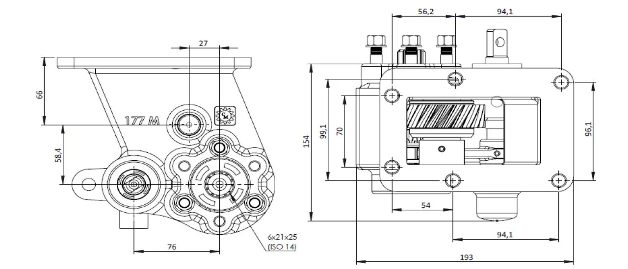 CTM 177 BE PTO teknik çizimi — kesit, ölçü ve montaj şeması