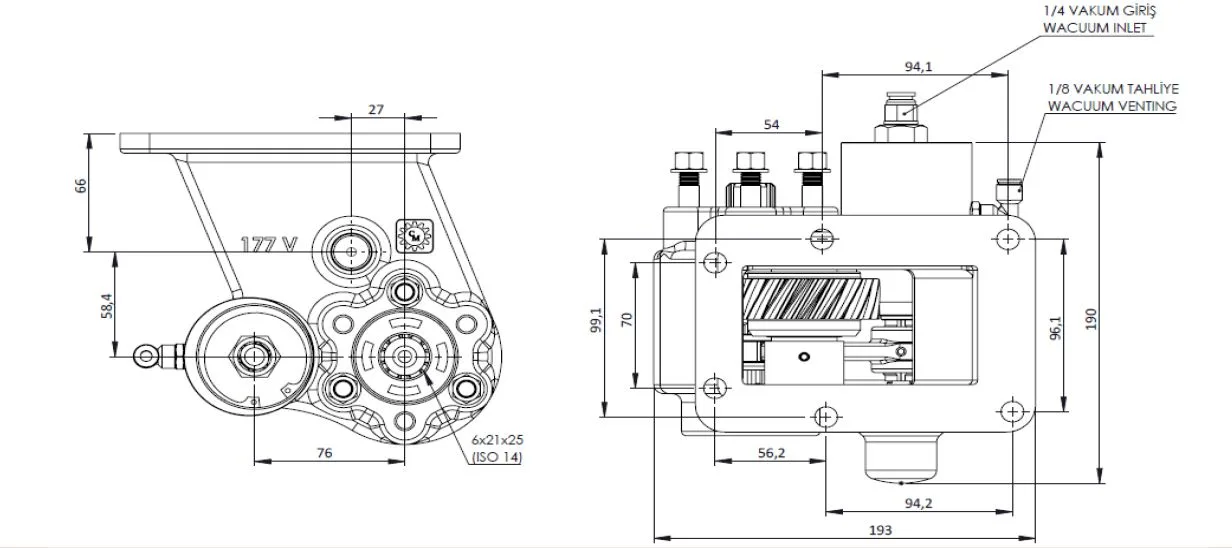CTM 177 BE KV PTO teknik çizimi — kesit, ölçü ve montaj şeması
