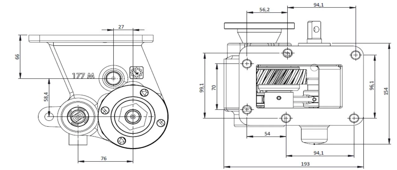 CTM 177 BD PTO teknik çizimi — kesit, ölçü ve montaj şeması