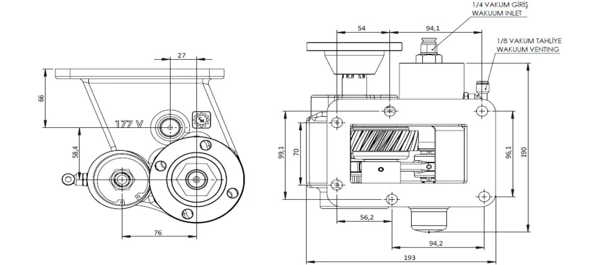 CTM 177 BD KV PTO teknik çizimi — kesit, ölçü ve montaj şeması