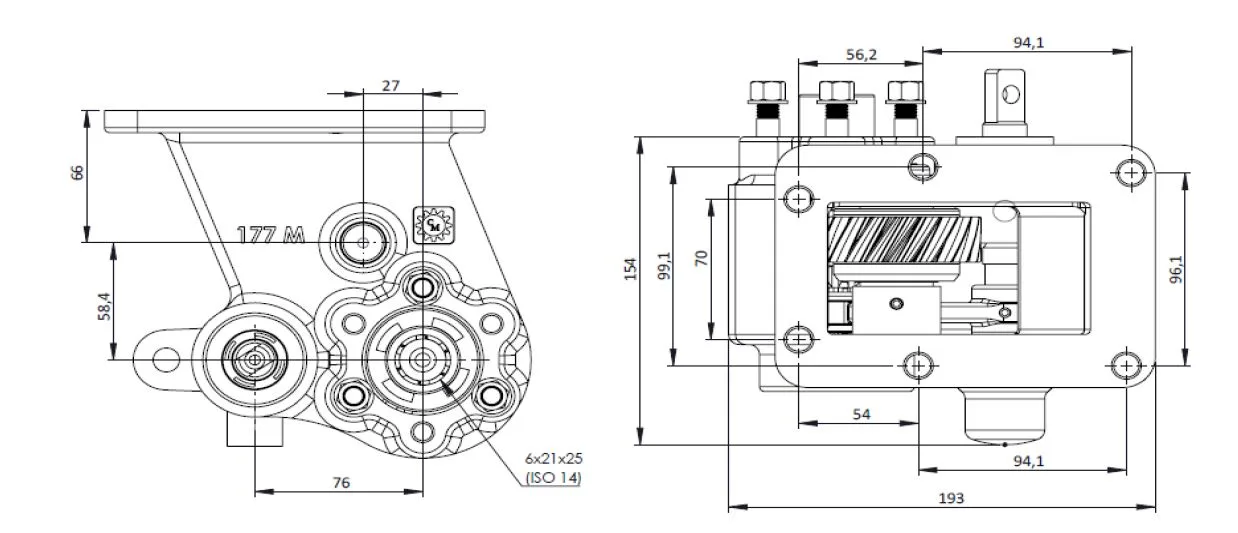 CTM 177 BC2 PTO teknik çizimi — kesit, ölçü ve montaj şeması