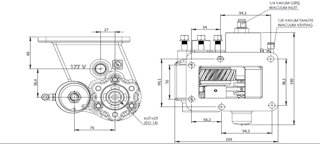 CTM 177 BC2 KV PTO teknik çizimi — kesit, ölçü ve montaj şeması