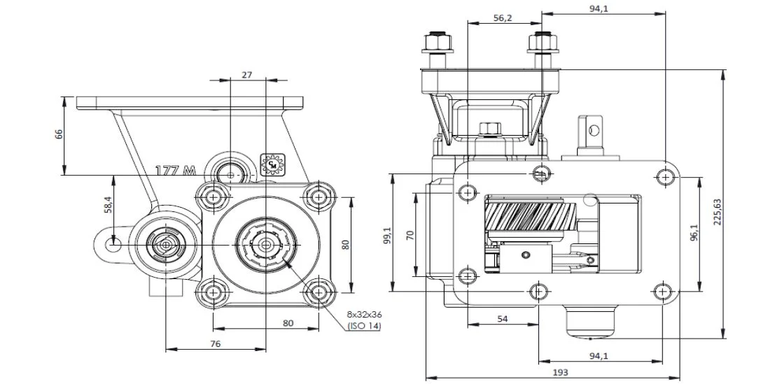 CTM 177 BC1 PTO teknik çizimi — kesit, ölçü ve montaj şeması