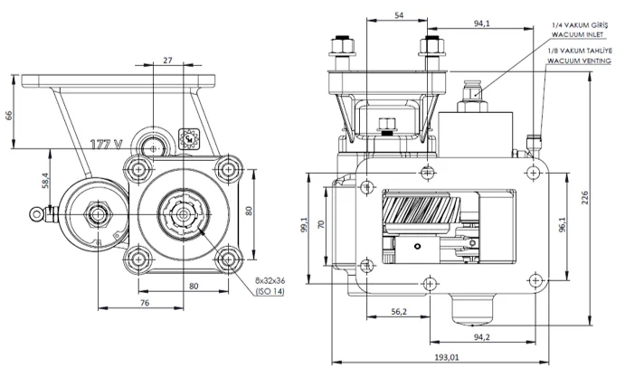 CTM 177 BC1 KV PTO teknik çizimi — kesit, ölçü ve montaj şeması
