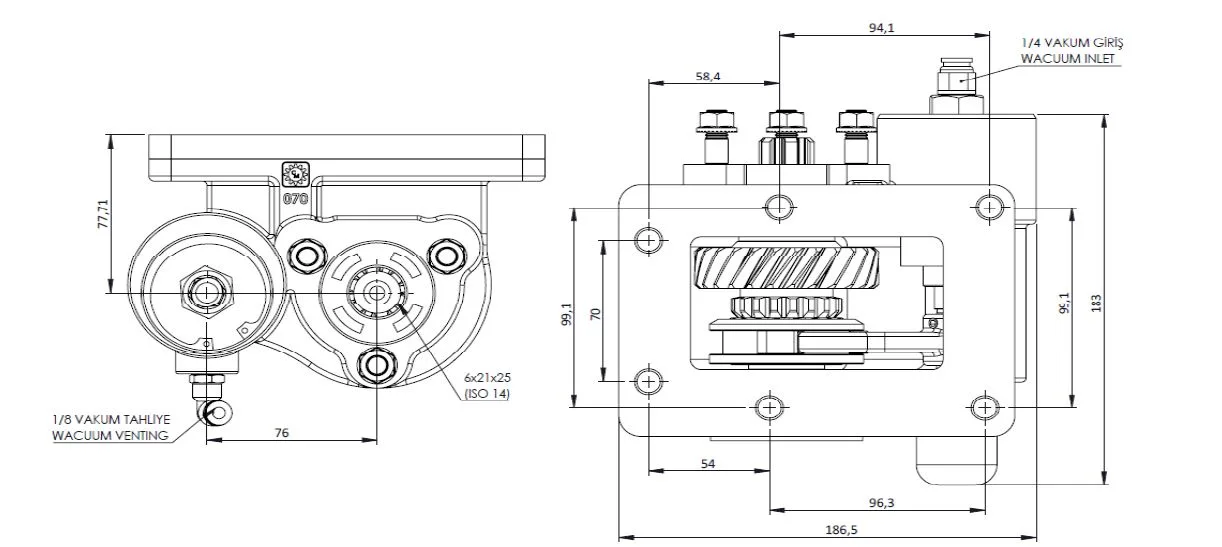 CTM 180 BE KV PTO teknik çizimi — kesit, ölçü ve montaj şeması