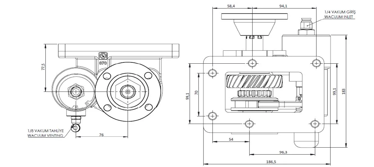 CTM 180 BD KV PTO teknik çizimi — kesit, ölçü ve montaj şeması