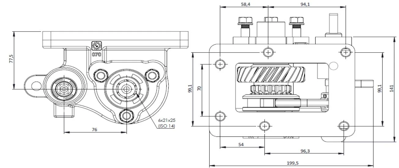 CTM 180 BC2 PTO teknik çizimi — kesit, ölçü ve montaj şeması