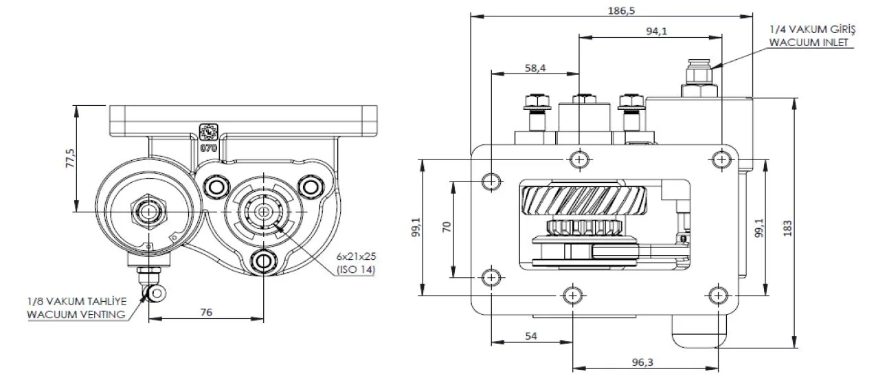 CTM 180 BC2 KV PTO teknik çizimi — kesit, ölçü ve montaj şeması