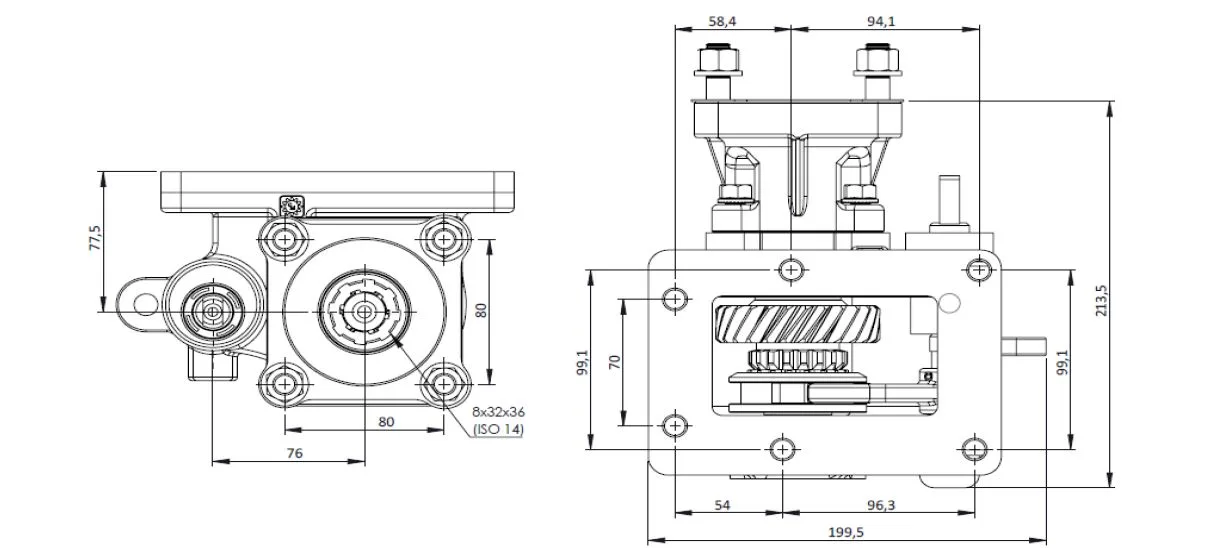 CTM 180 BC1 PTO teknik çizimi — kesit, ölçü ve montaj şeması
