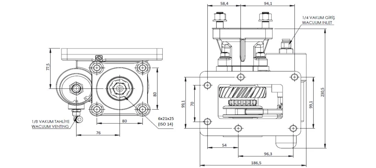 CTM 180 BC1 KV PTO teknik çizimi — kesit, ölçü ve montaj şeması