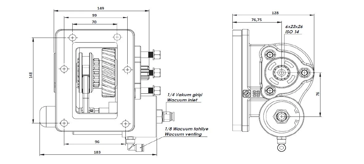 CTM 181 BE KV PTO teknik çizimi — kesit, ölçü ve montaj şeması