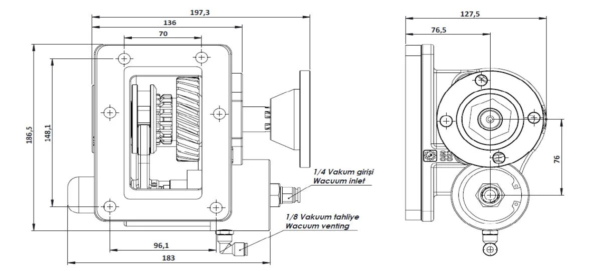 CTM 181 BD KV PTO teknik çizimi — kesit, ölçü ve montaj şeması