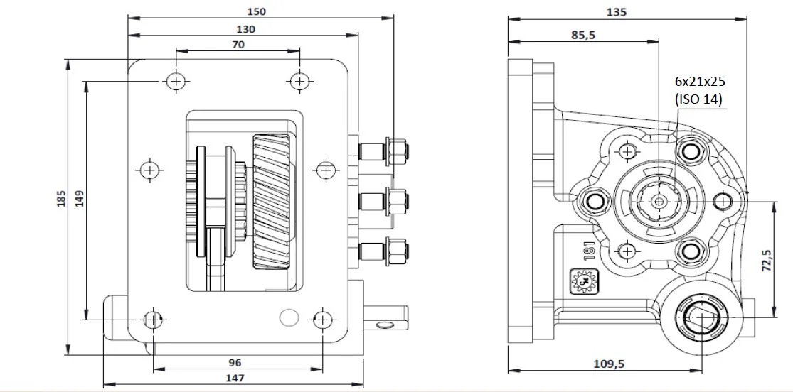 CTM 181 BC2 PTO teknik çizimi — kesit, ölçü ve montaj şeması