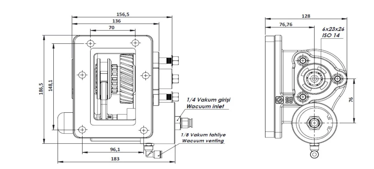 CTM 181 BC2 KV PTO teknik çizimi — kesit, ölçü ve montaj şeması