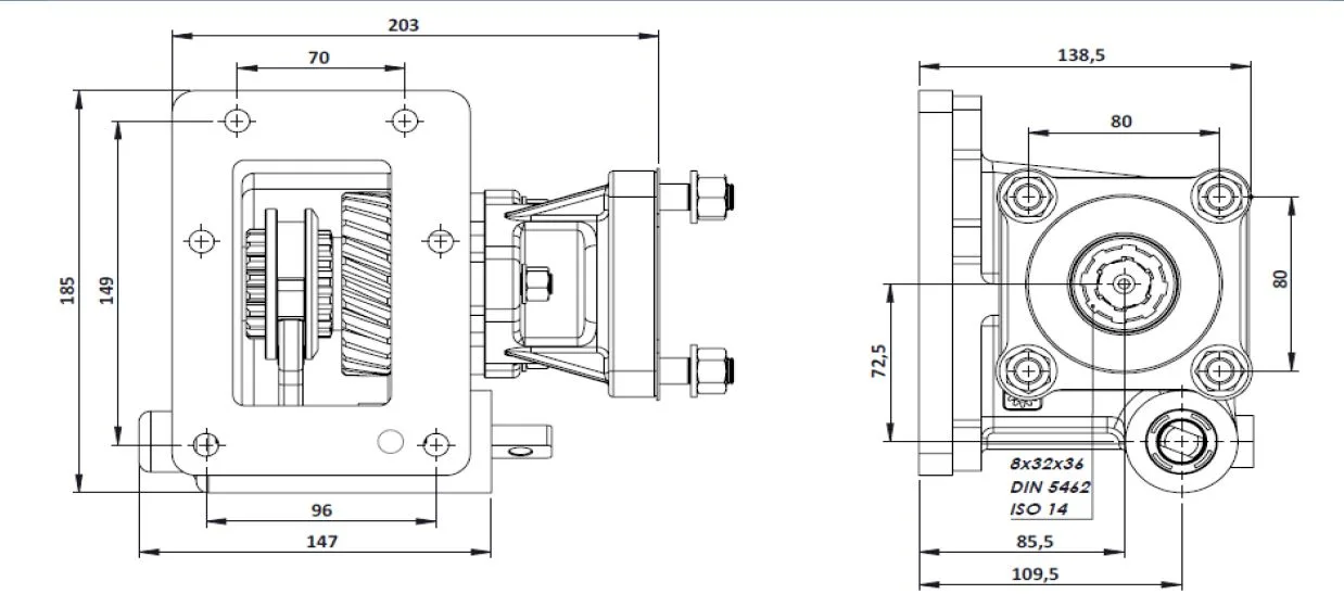 CTM 181 BC1 PTO teknik çizimi — kesit, ölçü ve montaj şeması