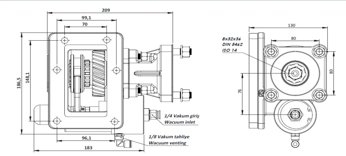 CTM 181 BC1 KV PTO teknik çizimi — kesit, ölçü ve montaj şeması