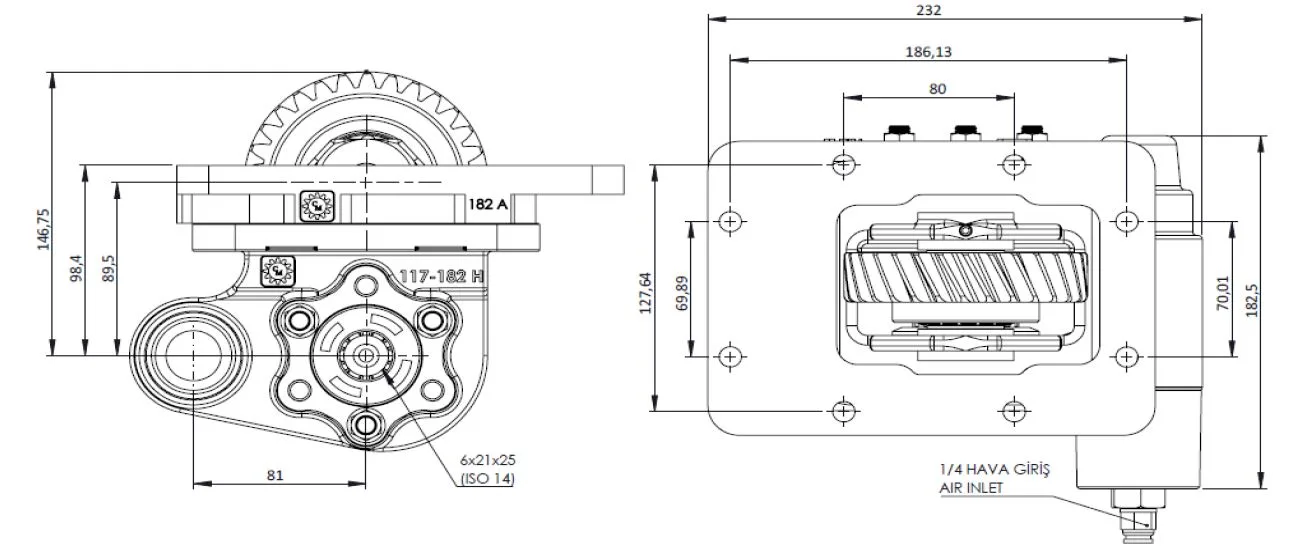 CTM 182 AE PTO teknik çizimi — kesit, ölçü ve montaj şeması