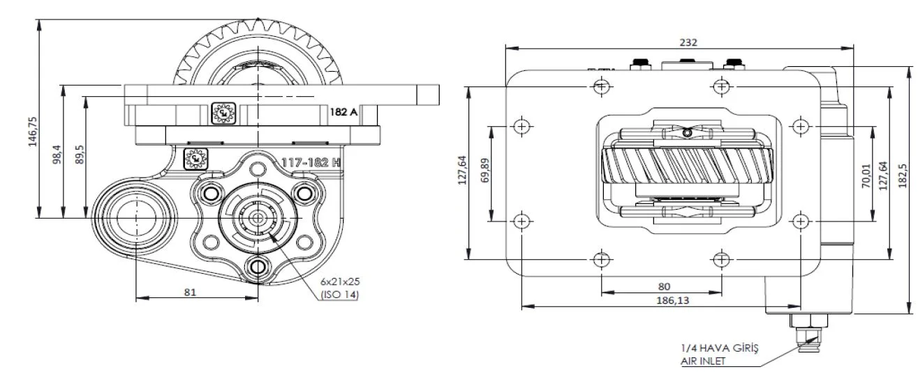 CTM 182 AC2 PTO teknik çizimi — kesit, ölçü ve montaj şeması