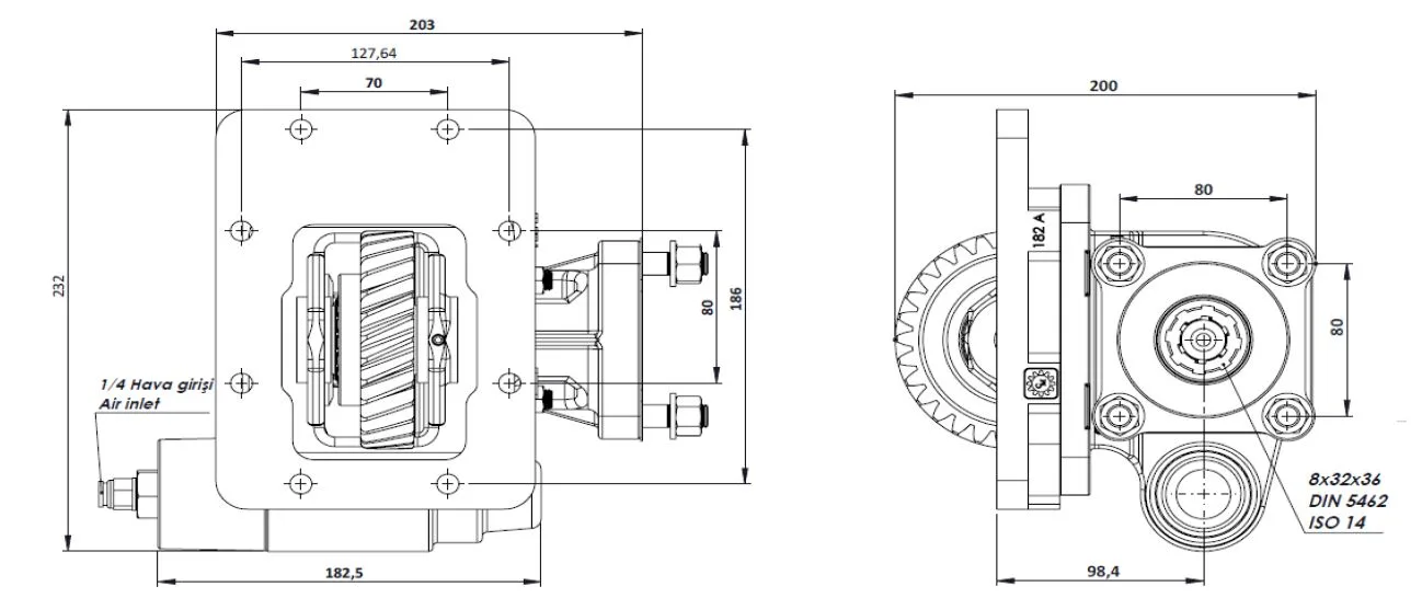CTM 182 AC1 PTO teknik çizimi — kesit, ölçü ve montaj şeması
