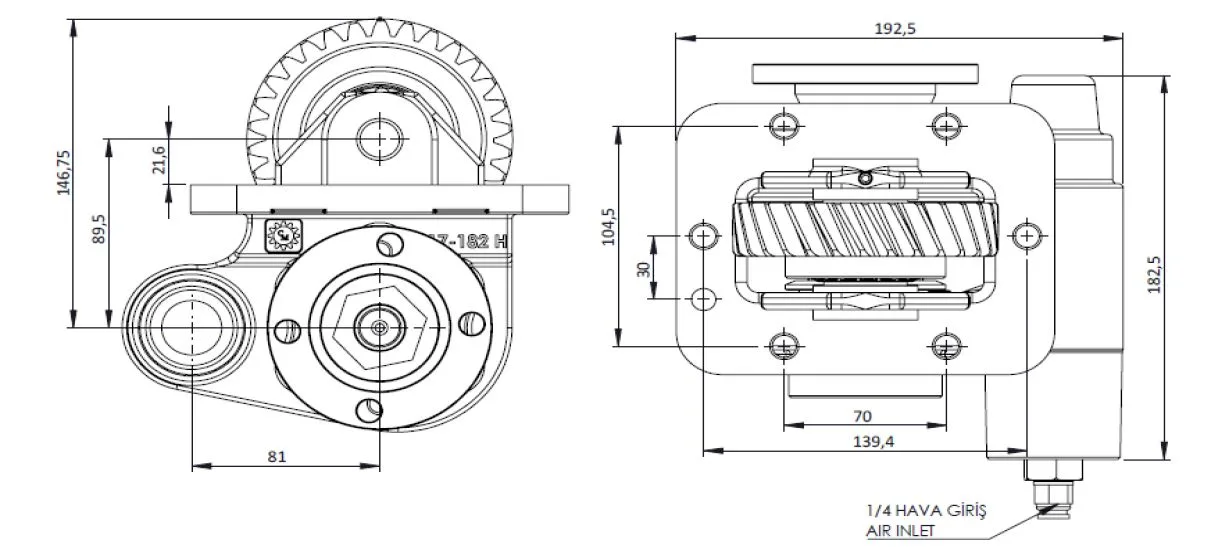CTM 182 AD PTO teknik çizimi — kesit, ölçü ve montaj şeması